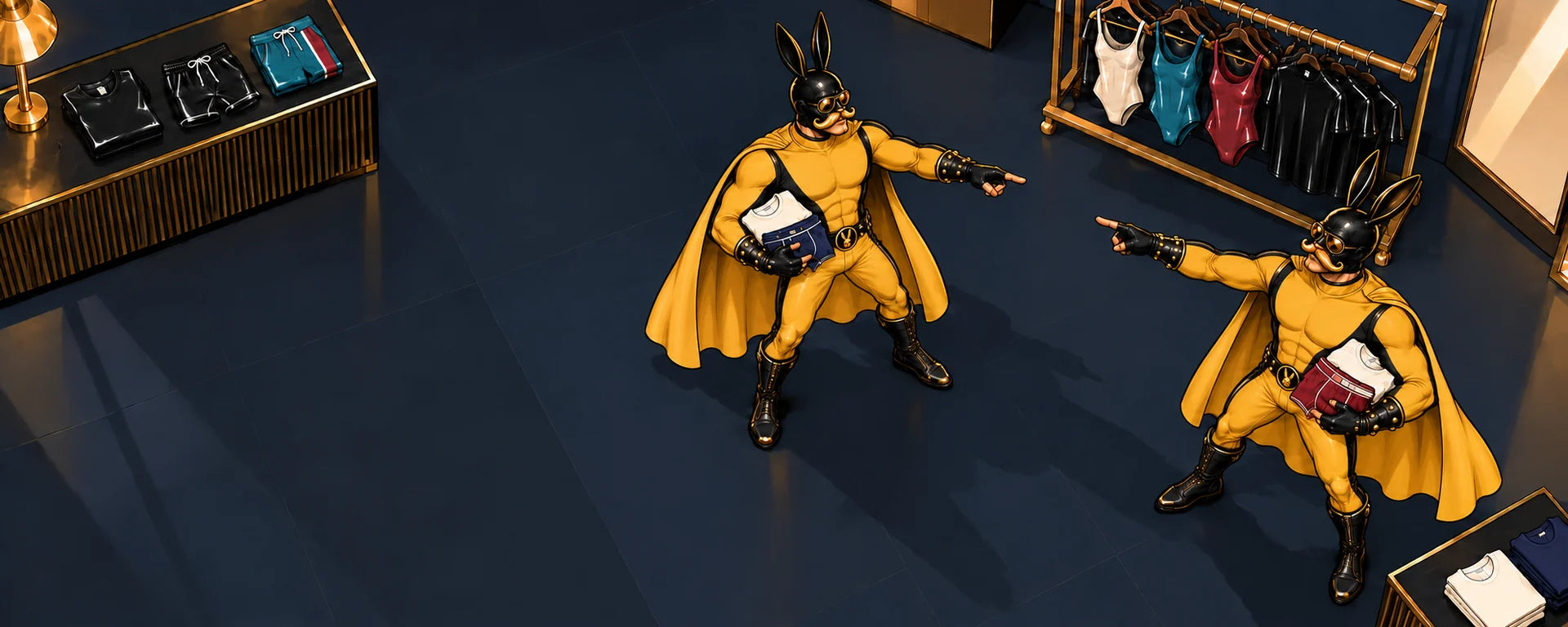 Two HoneyBunner superheroes in matching golden suits and rabbit masks point at each other while holding clothes in an apparel boutique.