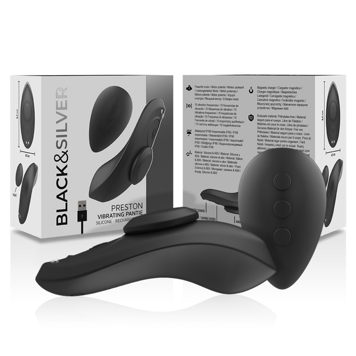 BLACK&amp;SILVER - PRESTON RECHARGEABLE SILICONE VIBRATOR PANTIE BLACK