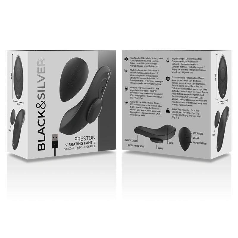 BLACK&amp;SILVER - PRESTON RECHARGEABLE SILICONE VIBRATOR PANTIE BLACK