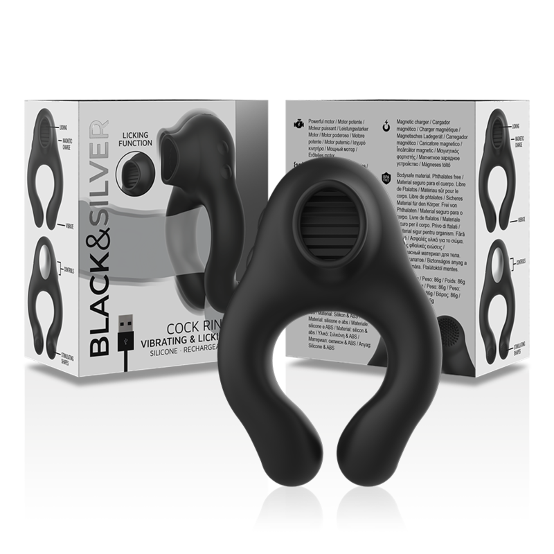 BLACK&amp;SILVER - SILICONE VIBRATOR RING 3 MOTORS RECHARGEABLE BLACK