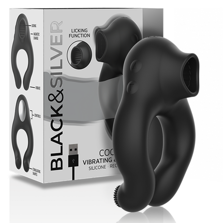 BLACK&amp;SILVER - SILICONE VIBRATOR RING 3 MOTORS RECHARGEABLE BLACK