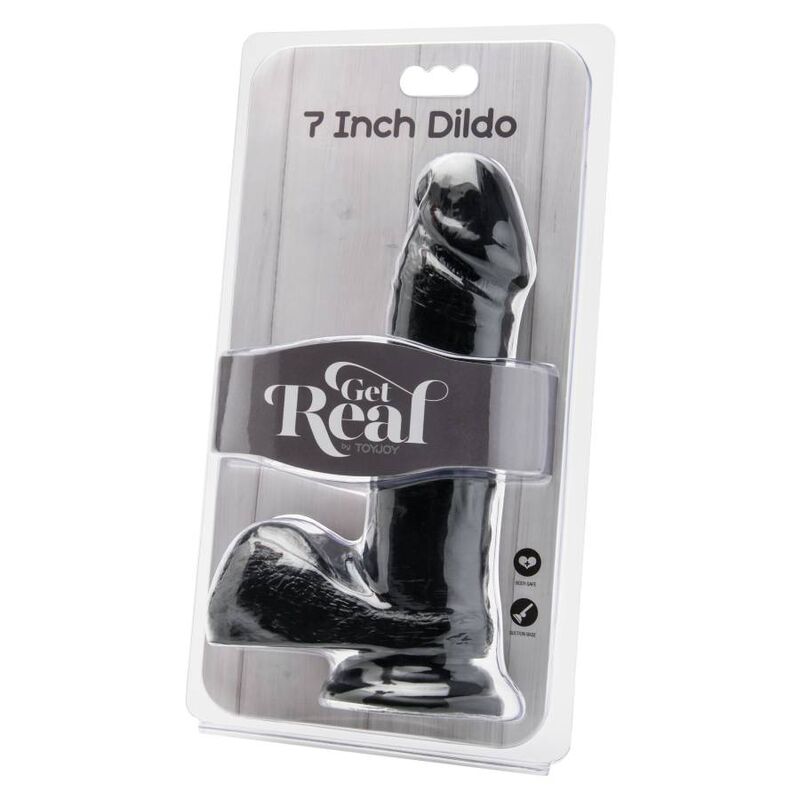 Get Real - Dildo 18 CM With Balls Black — Black PVC