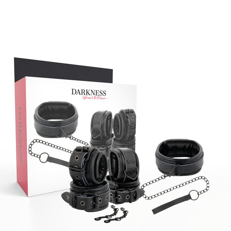 Darkness black leather handcuffs and collar