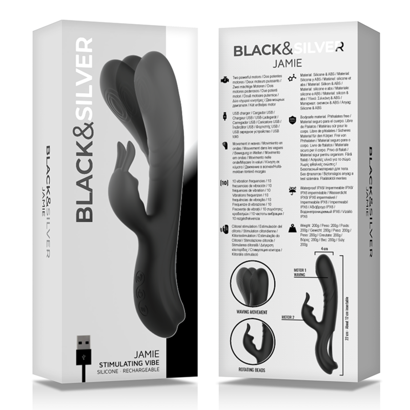 BLACK&amp;SILVER - JAMIE RECHARGEABLE SILICONE RABBIT STIMULATOR BLACK