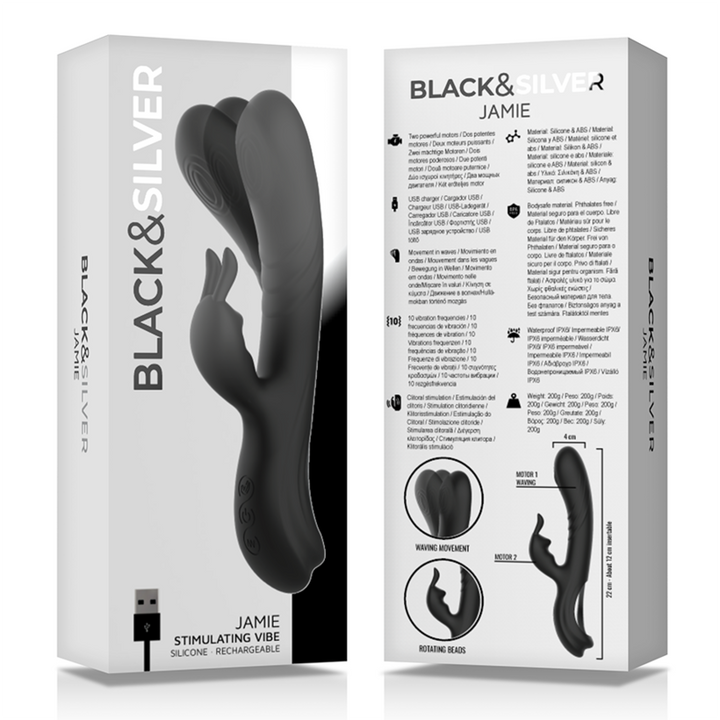 BLACK&amp;SILVER - JAMIE RECHARGEABLE SILICONE RABBIT STIMULATOR BLACK