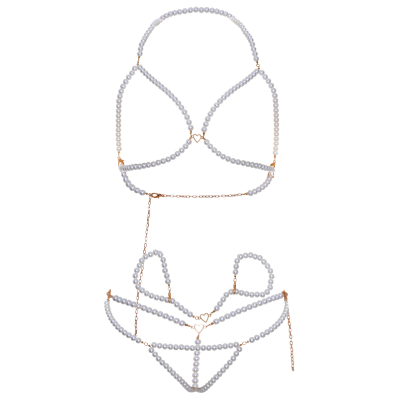 LEG AVENUE - BRA WRISTBANDS &amp; PEARL THONG SET