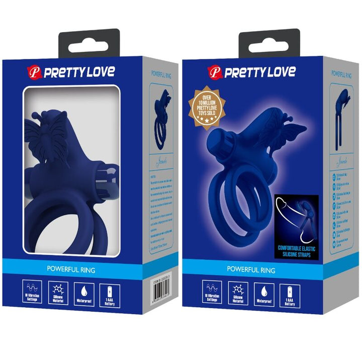 PRETTY LOVE - JAMELE DOUBLE RING WITH VIBRATION &amp; BUTTERFLY STIMULATOR BLUE
