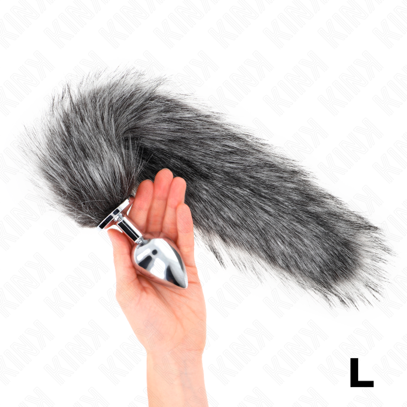 Kink Anal Plug - Size L 10 X 4 CM With Synthetic Tail 40 CM — Grey silicone