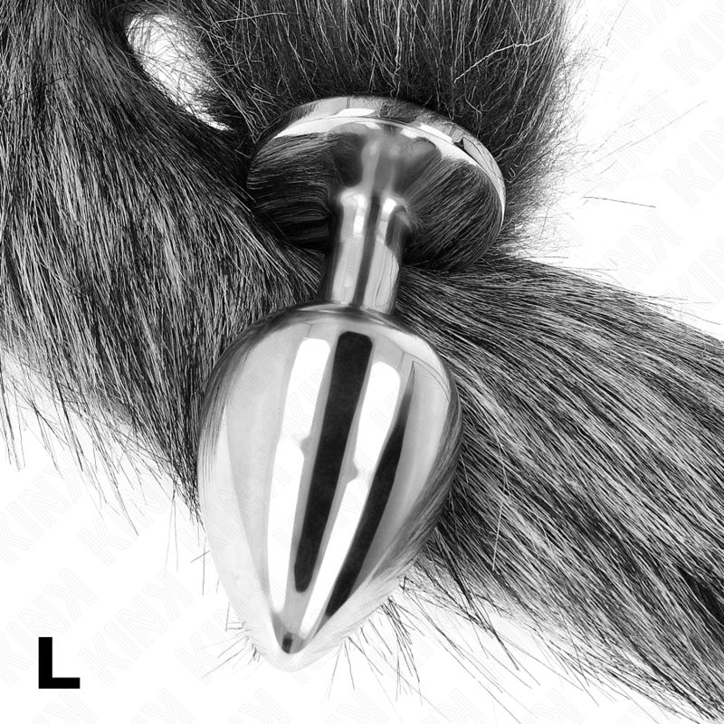 Kink Anal Plug - Size L 10 X 4 CM With Synthetic Tail 40 CM — Grey silicone