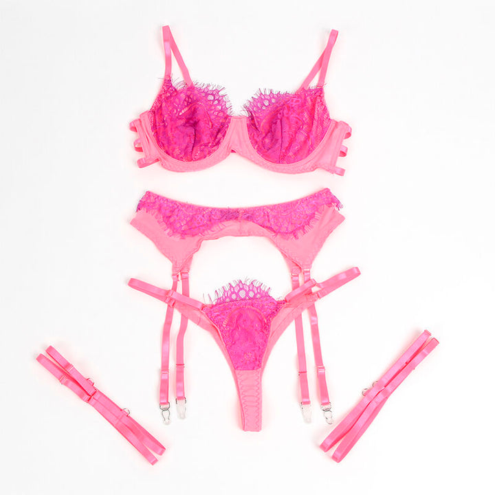 SUBBLIME - 955359 SET OF BRA WITH LACE AND GARTER LINKS PINK AND PURPLE S/M