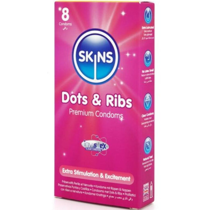 SKINS - DOTS &amp; RIBS PREMIUM CONDOMS PACK 8