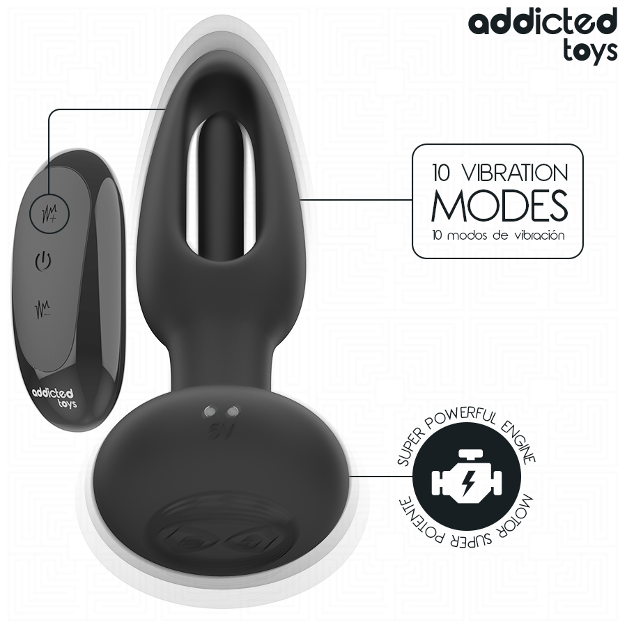 Addicted Toys Anal Plug With Vibrating Tongue And Remote — Black · Silicone