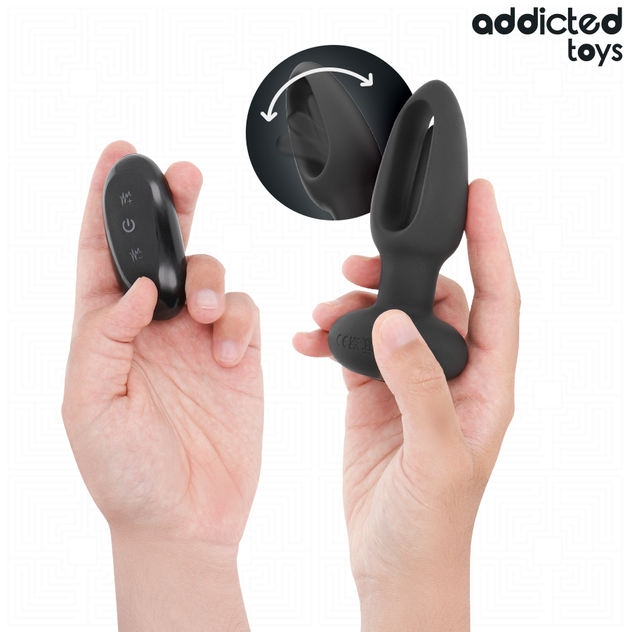 Addicted Toys Anal Plug With Vibrating Tongue And Remote — Black · Silicone