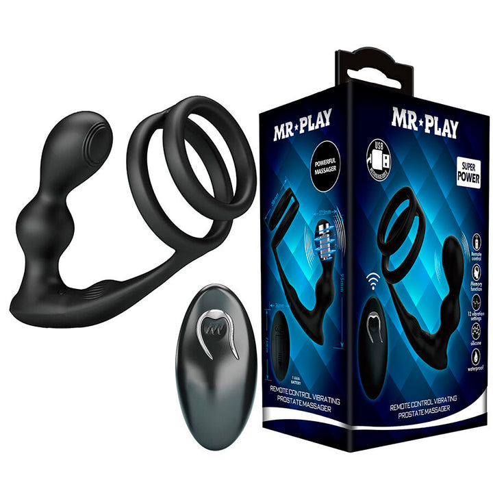 Mr Play Vibrating Anal Plug With Penis Ring — black silicone