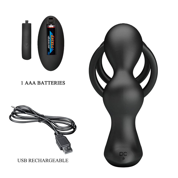 Mr Play Vibrating Anal Plug With Penis Ring — black silicone
