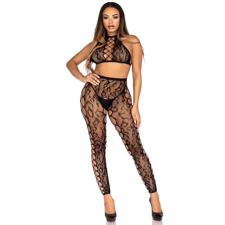 LEG AVENUE - 89372 CROP TOP &amp; CROTCHLESS TIGHTS BLACK - ONE SIZE