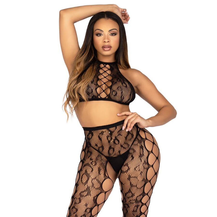 LEG AVENUE - 89372 CROP TOP &amp; CROTCHLESS TIGHTS BLACK - ONE SIZE