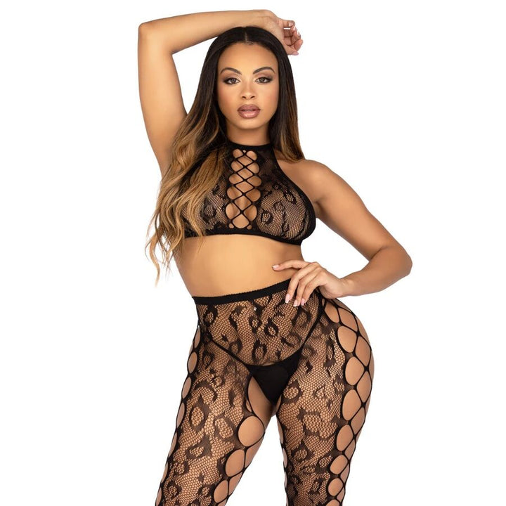 LEG AVENUE - 89372 CROP TOP &amp; CROTCHLESS TIGHTS BLACK - ONE SIZE