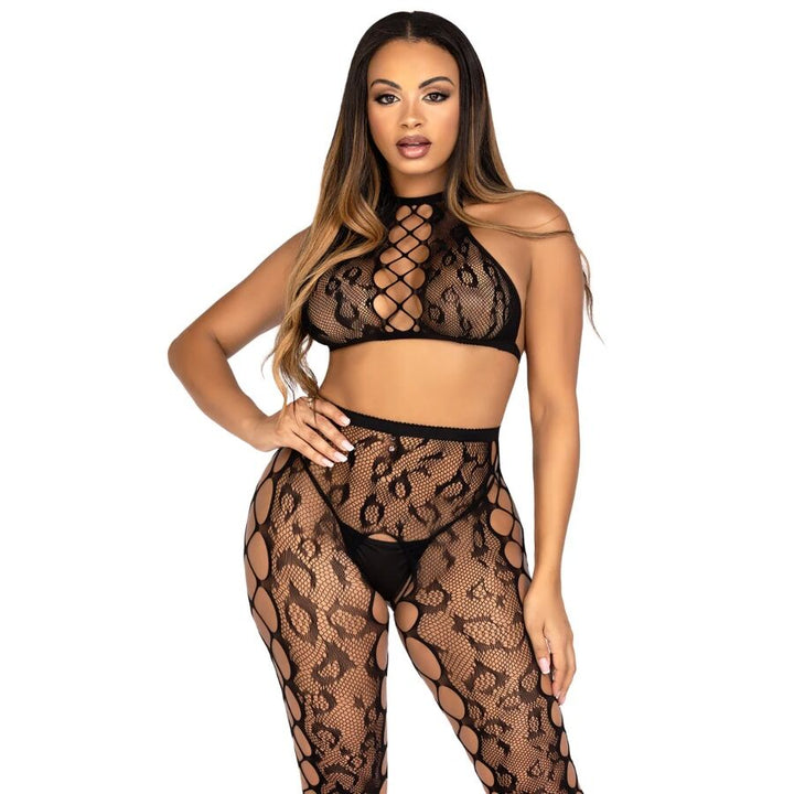 LEG AVENUE - 89372 CROP TOP &amp; CROTCHLESS TIGHTS BLACK - ONE SIZE