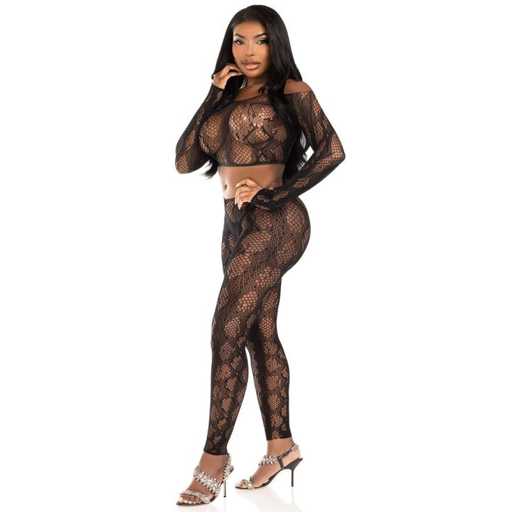 LEG AVENUE - 89373 PYTHON CROP TOP &amp; FOOTLESS TIGHTS BLACK - ONE SIZE