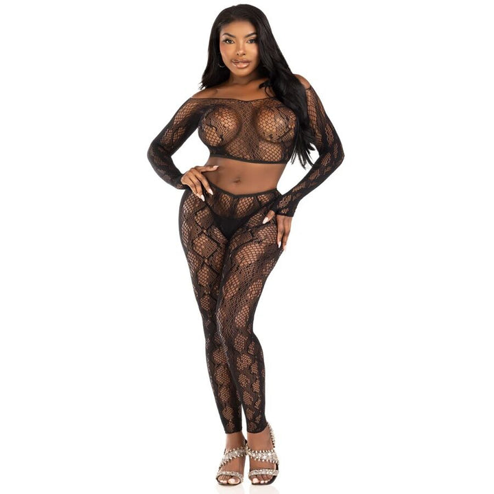 LEG AVENUE - 89373 PYTHON CROP TOP &amp; FOOTLESS TIGHTS BLACK - ONE SIZE