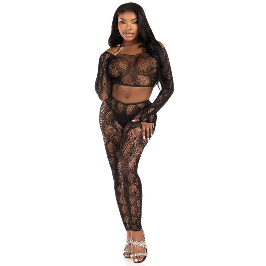 LEG AVENUE - 89373 PYTHON CROP TOP &amp; FOOTLESS TIGHTS BLACK - ONE SIZE