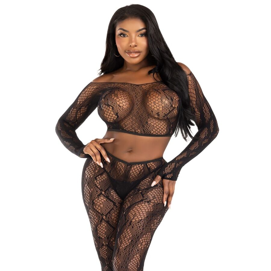LEG AVENUE - 89373 PYTHON CROP TOP &amp; FOOTLESS TIGHTS BLACK - ONE SIZE
