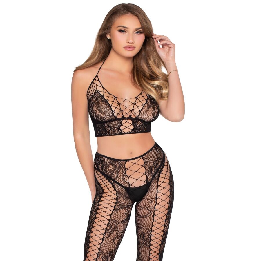 LEG AVENUE - 89368 NET &amp; LACE CROP TOP AND TIGHTS BLACK - ONE SIZE