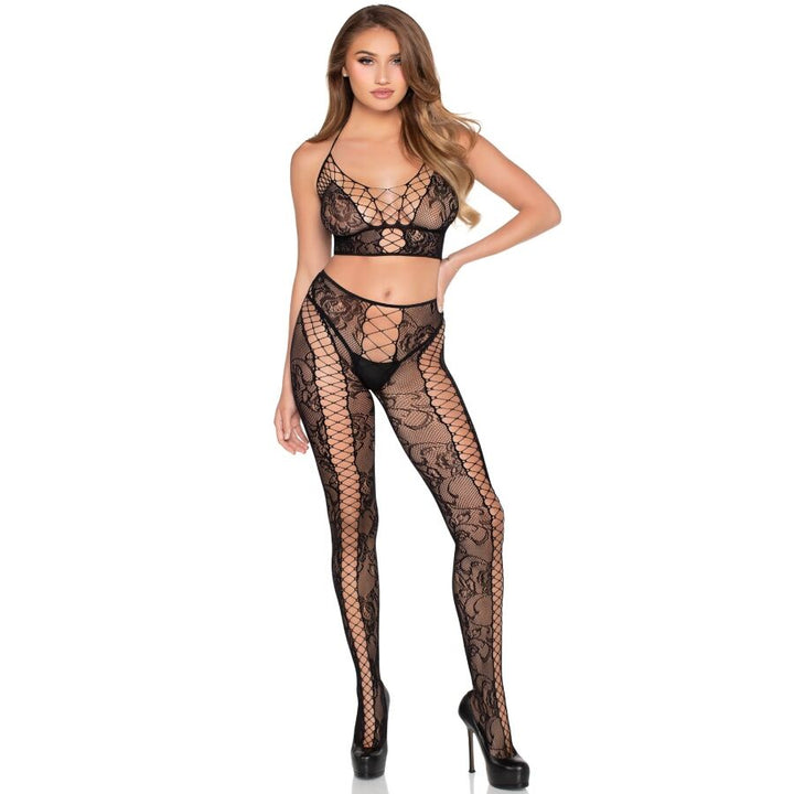 LEG AVENUE - 89368 NET &amp; LACE CROP TOP AND TIGHTS BLACK - ONE SIZE