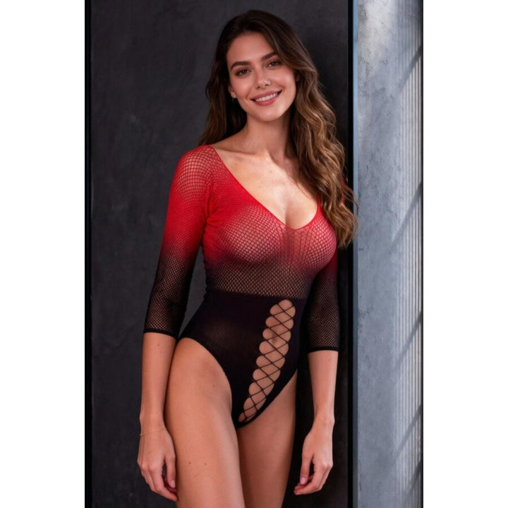 PASSION - BS118 BLACK AND RED MESH BODYSTOCKING
