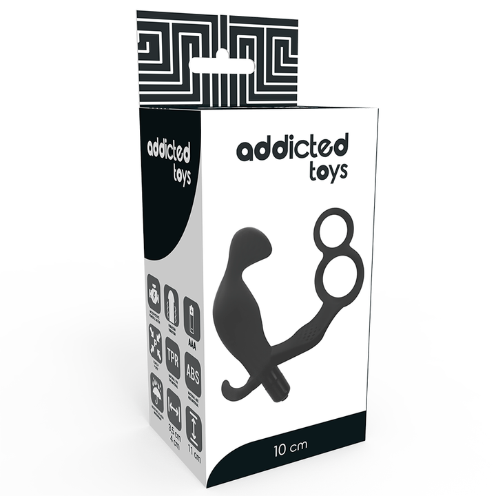 Addicted Toys Anal Plug With Double Penis Ring And Testicles — Black · TPR