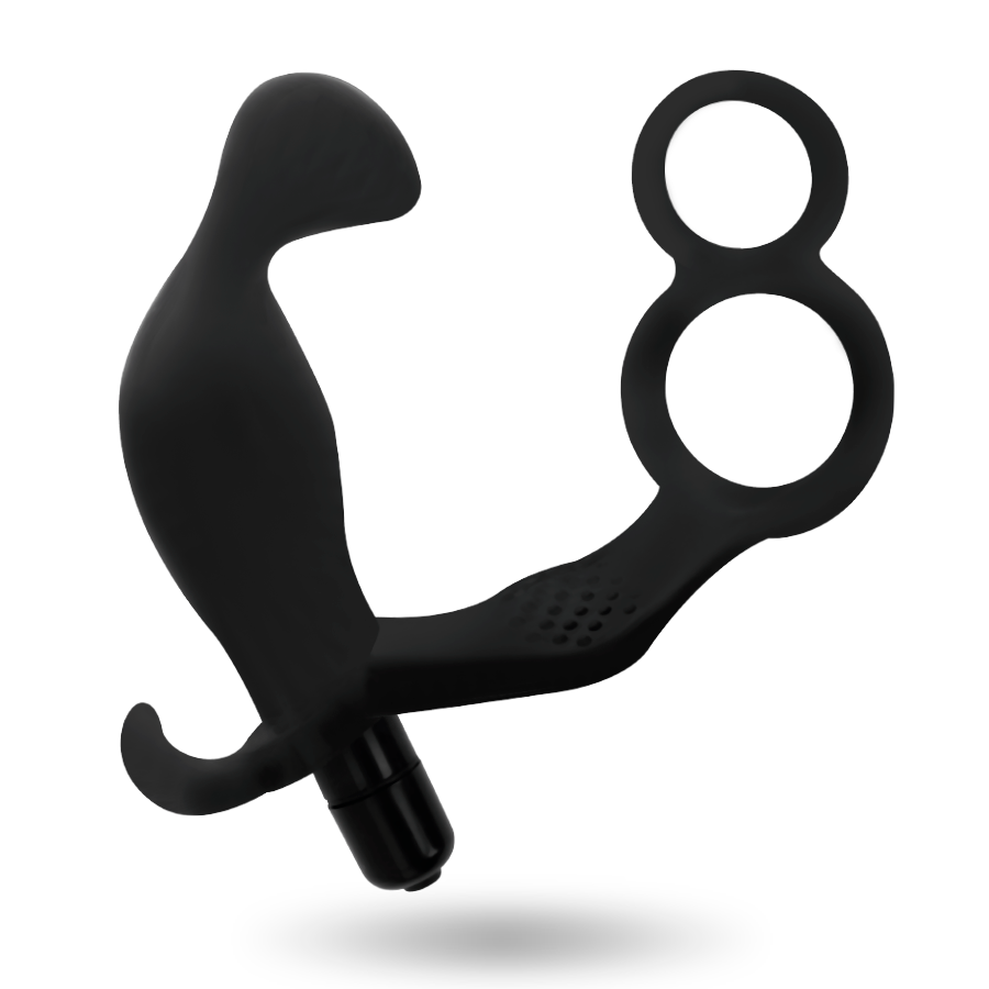 Addicted Toys Anal Plug With Double Penis Ring And Testicles — Black · TPR