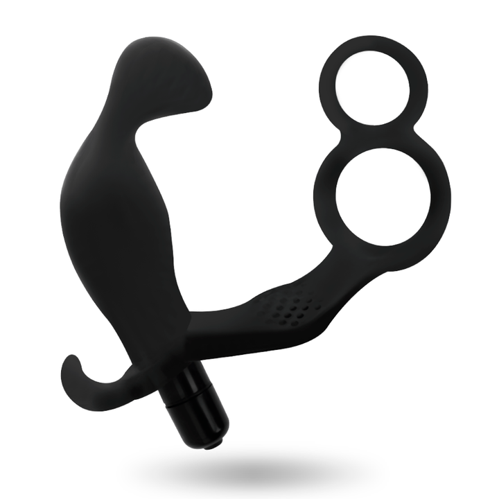 Addicted Toys Anal Plug With Double Penis Ring And Testicles — Black · TPR