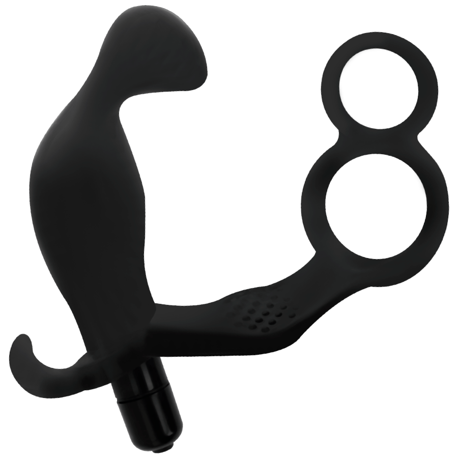 Addicted Toys Anal Plug With Double Penis Ring And Testicles — Black · TPR