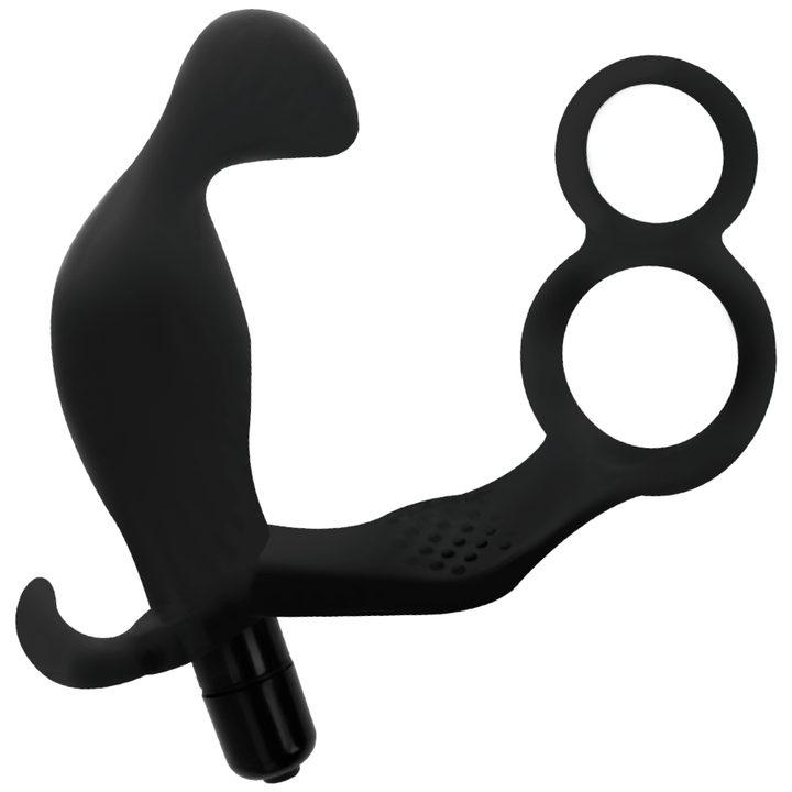 Addicted Toys Anal Plug With Double Penis Ring And Testicles — Black · TPR