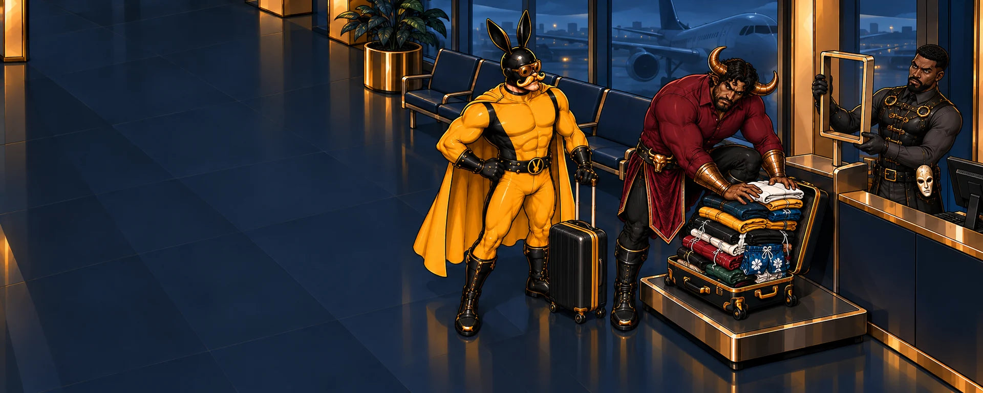 HoneyBunner has a small carry-on while the Velvet Minotaur packs an overflowing suitcase and the Puppet Master checks its size.