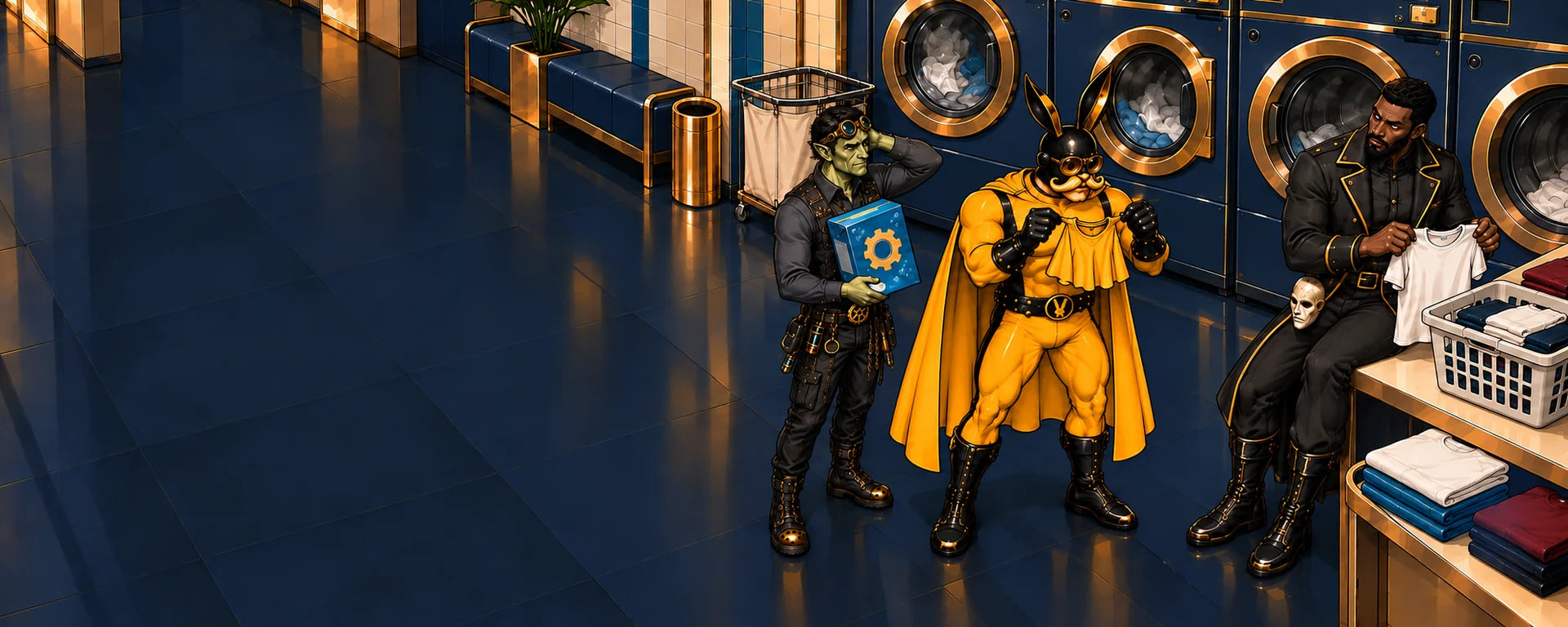 HoneyBunner examines a shrunken cape in a laundromat while the Mad Tinker holds detergent and the Puppet Master folds a shirt.